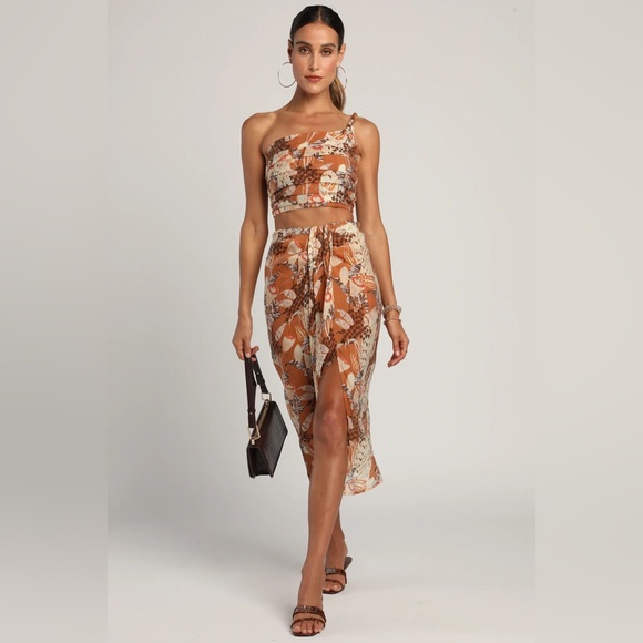 Lulus Dresses & Skirts - NWT Lulu’s Something Wild Brown Multi Print Twist-Front Midi Skirt Crop Top Set